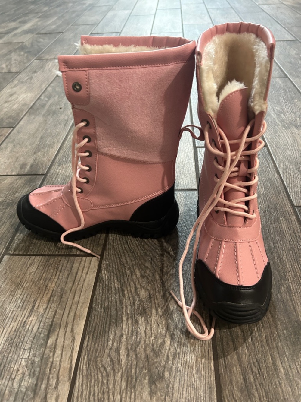 Pink Lace-Up Faux-Fur Winter Boots with Black Soles - Picture 2 of 5